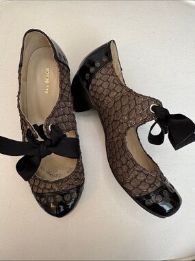 ALL BLACK Brown Snakeskin Textured Leather Ribbon Bow Mary Jane Block Heels